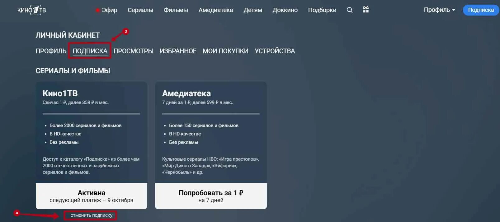 Кино1.TV ru. Личный кабинет ру ТВ. Как отключить подписку на tutorplace