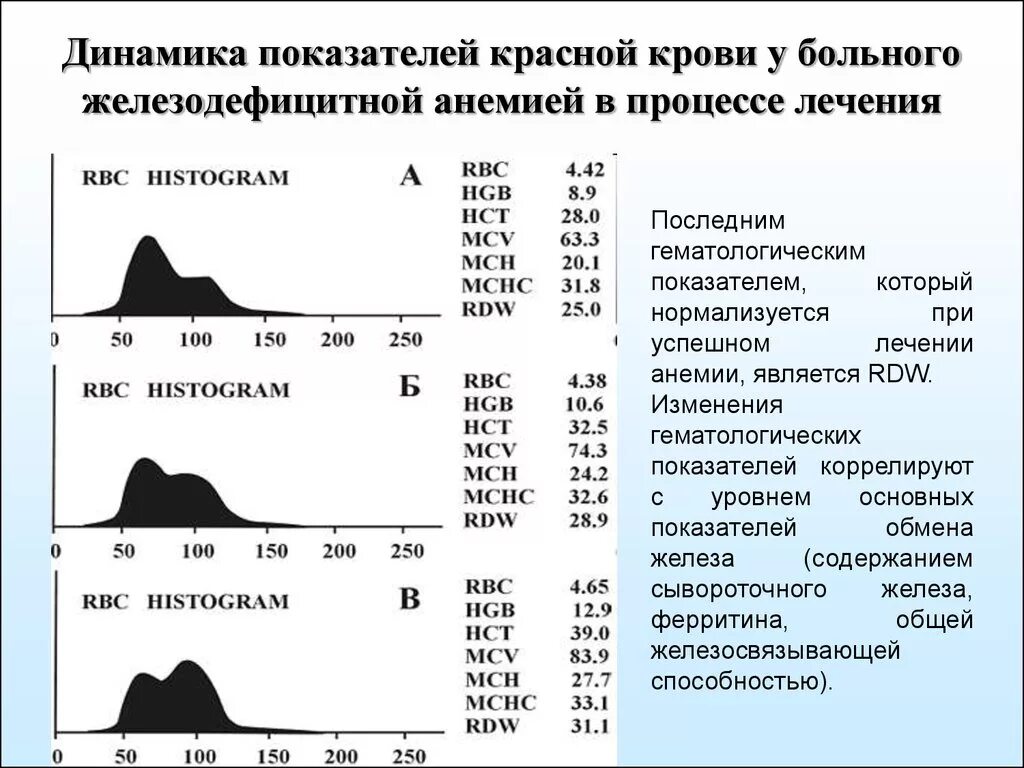 Показатели красной крови при анемии железодефицитной. Показатели красной крови при анемии в12. Клинический анализ крови при в12 дефицитной анемии показатели. Железодефицитная анемия гистограмма.