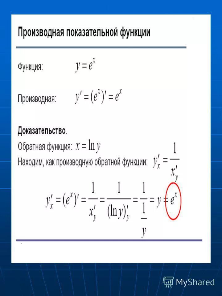 Производная сложных степенных функций. Производные показательно степенной функции. Доказательство производной показательной функции.