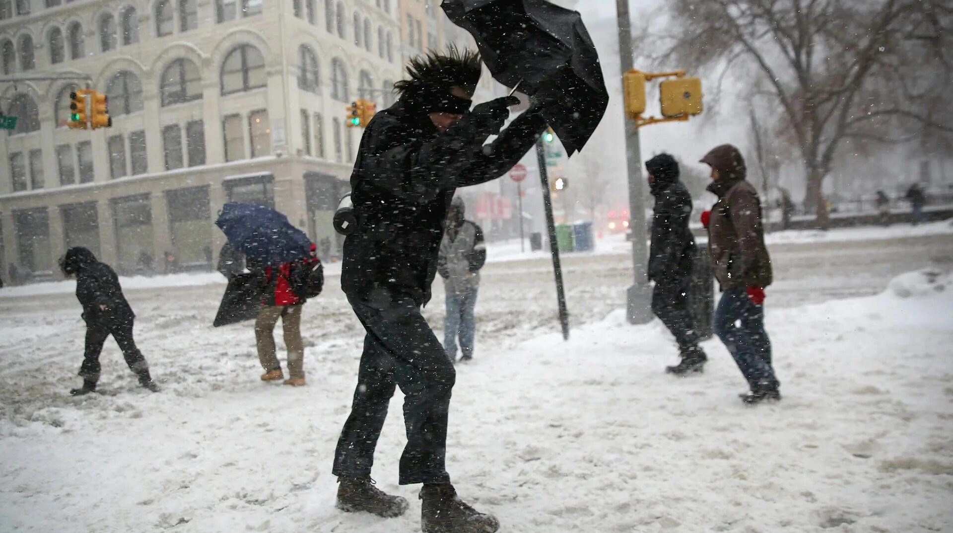 Сильный ветер. Холод метель. Холод и ветер были особенно ощутимы. Снегопад в городе. Деревья гнутся от ветра.