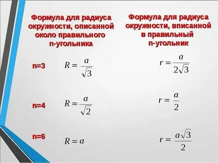 Формула стороны через радиус