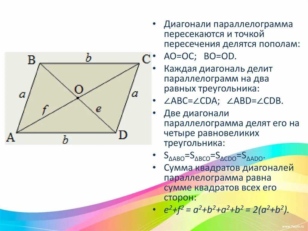 Диагонали параллелограмма точкой их пересечения делятся пополам. Диагонали параллелограмма точкой пересечения делятся. Диагонали параллелограмма точкой пересечения делятся пополам. Точка пересечения диагоналей параллелограмма. Диоганали точкоц пересечения делиться пополам.