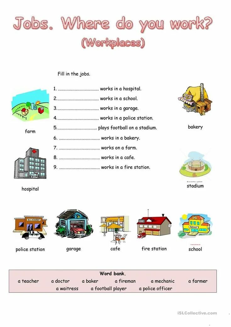 Jobs and places of work упражнения. Английский where is where are упражнения. Английский jobs Kids упражнения. Work and jobs Worksheets for Kids. Where do you form