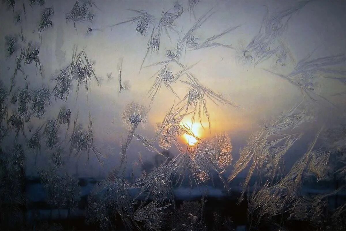 Зимнее окно. Морозное окно. Огонек в тумане. Ночная вьюга.