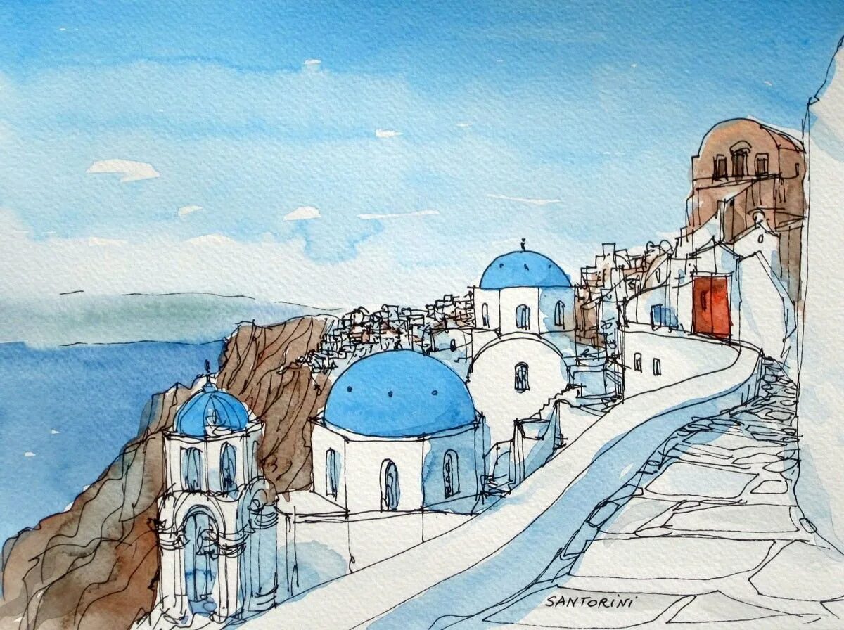 Греция рисунок. Скетчинг Санторини. Скетч акварель Греция. Санторини скетч акварель. Древняя Греция акварель.