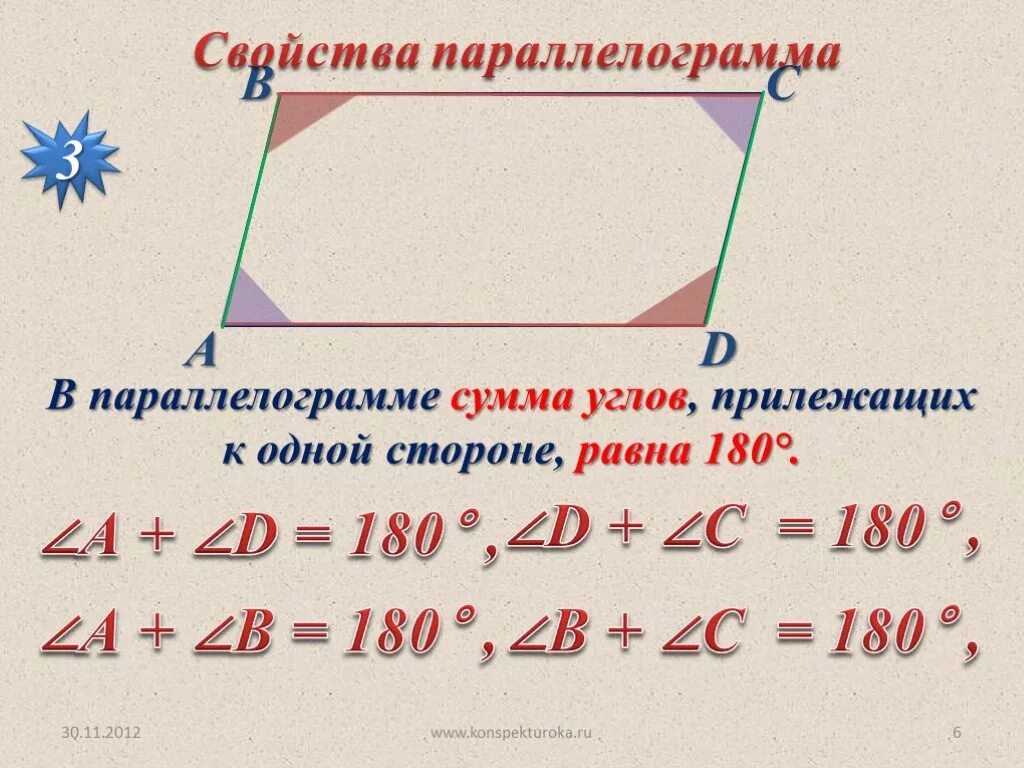 Сумма углов параллелограмма. Соседние углы параллелограмма. В параллелограмме сумма углов прилежащих к одной стороне равна 180. Свойства углов параллелограмма.