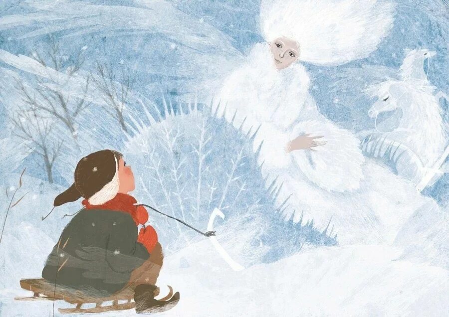 На чью спину привязали санки кая. Снежная Королева иллюстрации. Иллюстрации к снежной Королеве Андерсена.