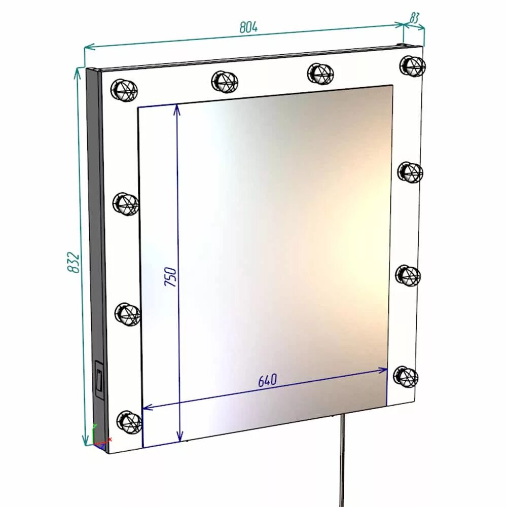 Размер настенных зеркал. Зеркало гримерное с подсветкой чертеж. Чертеж гримерного зеркала с лампочками. Зеркало гримерное высота 92 ширина 72. Гримерное зеркало с лампами чертеж.