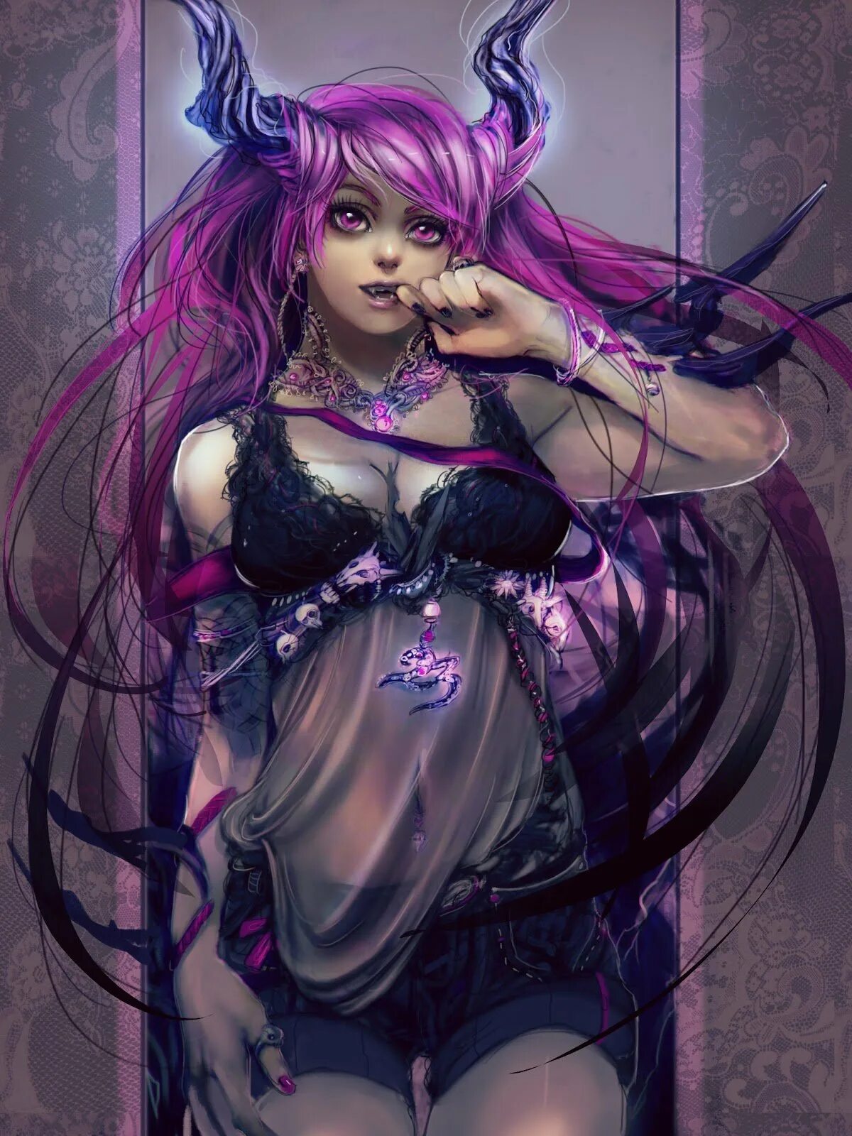 Девушка арт. Суккуб с фиолетовыми волосами аниме. Фиолетовый демон девушка. Моргана лол обои. Барбело архидемоница.