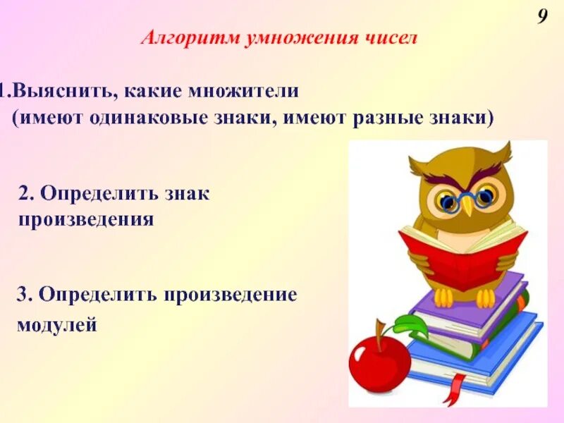 Алгоритм умножения положительных и отрицательных чисел. Алгоритм умножения числа на произведение. Алгоритм умножения чисел с разными знаками. Определите знак произведения. Умножение отрицательных и положительных чисел презентация