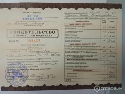 Свидетельство об обучении в автошколе