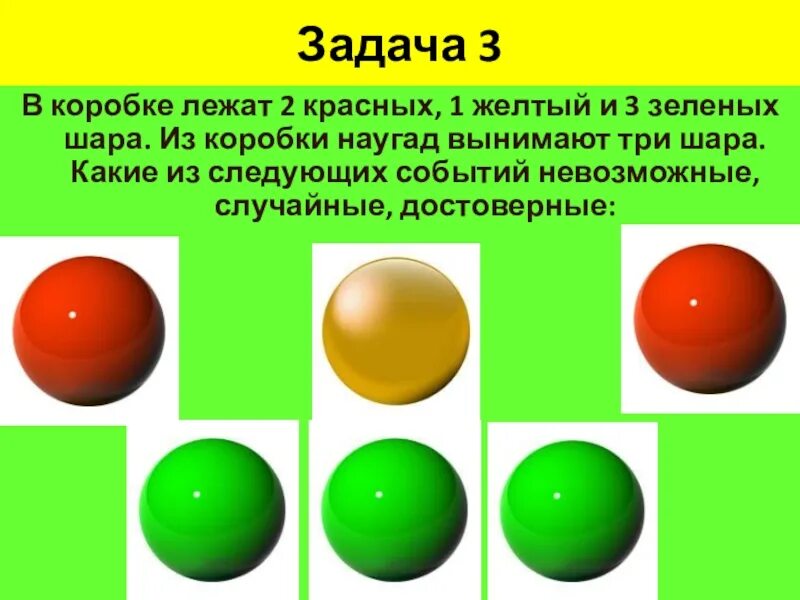 На шару случайно. Три шара разных цветов. Шары красный желтый зеленый. Задача три коробки с шариками. Два шарик зеленый и желтый.