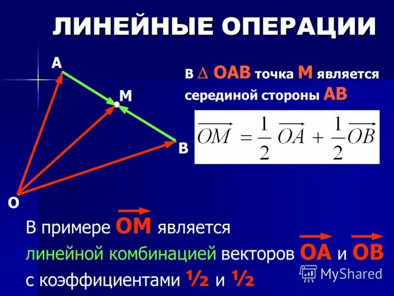 Точка м является серединой стороны. Линейная комбинация векторов примеры. Линейная комбинация векторов на плоскости. Линейная комбинация векторов с коэффициентами. Сочетания векторов в треугольнике.