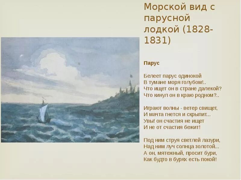 Произведения лермонтова парус. Картина Лермонтова Парус. Морской вид с парусной лодкой Лермонтов 1828-1831.