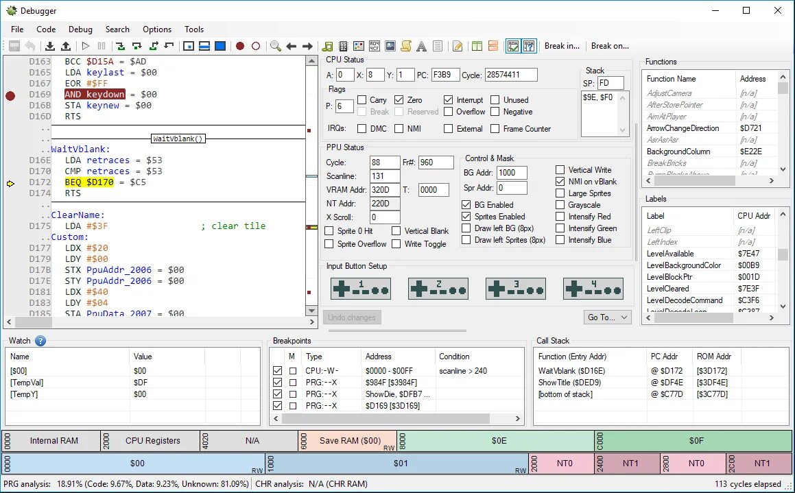 Fce ultra. Mesen эмулятор. дебаггер. debugger. fce ultra window.