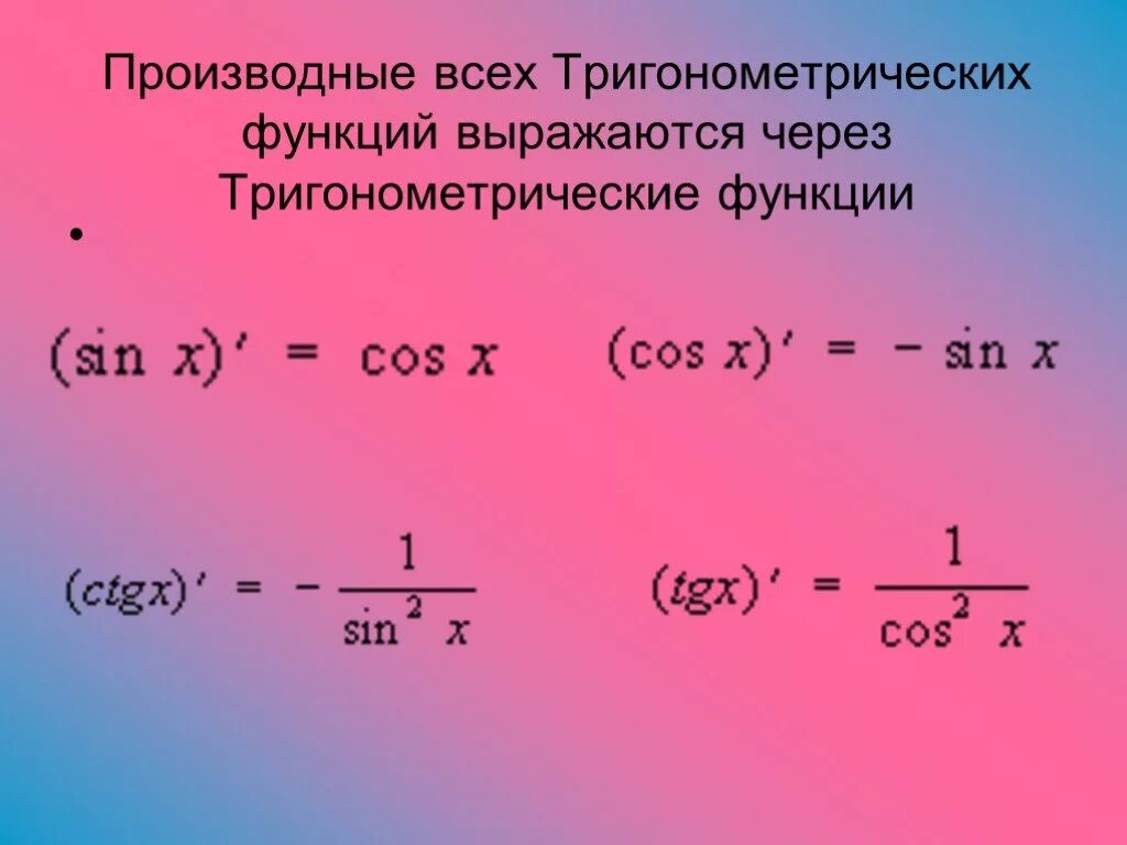 Функция выражается через функцию. Производные тригонометрических функций. Производные тригономических функции. Производная тригонометрических функций. Производные от тригонометрических функций.