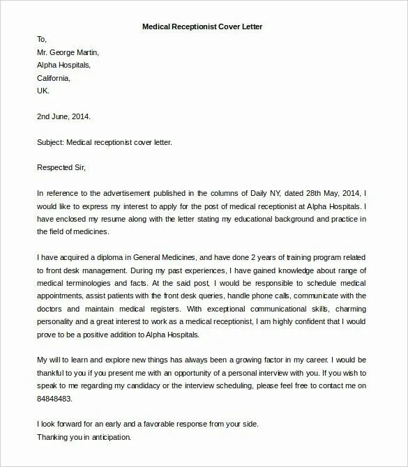 Interest in applying for. Cover letter template. cover letter examples. cover letter receptionist. reference of letter for receptionist.
