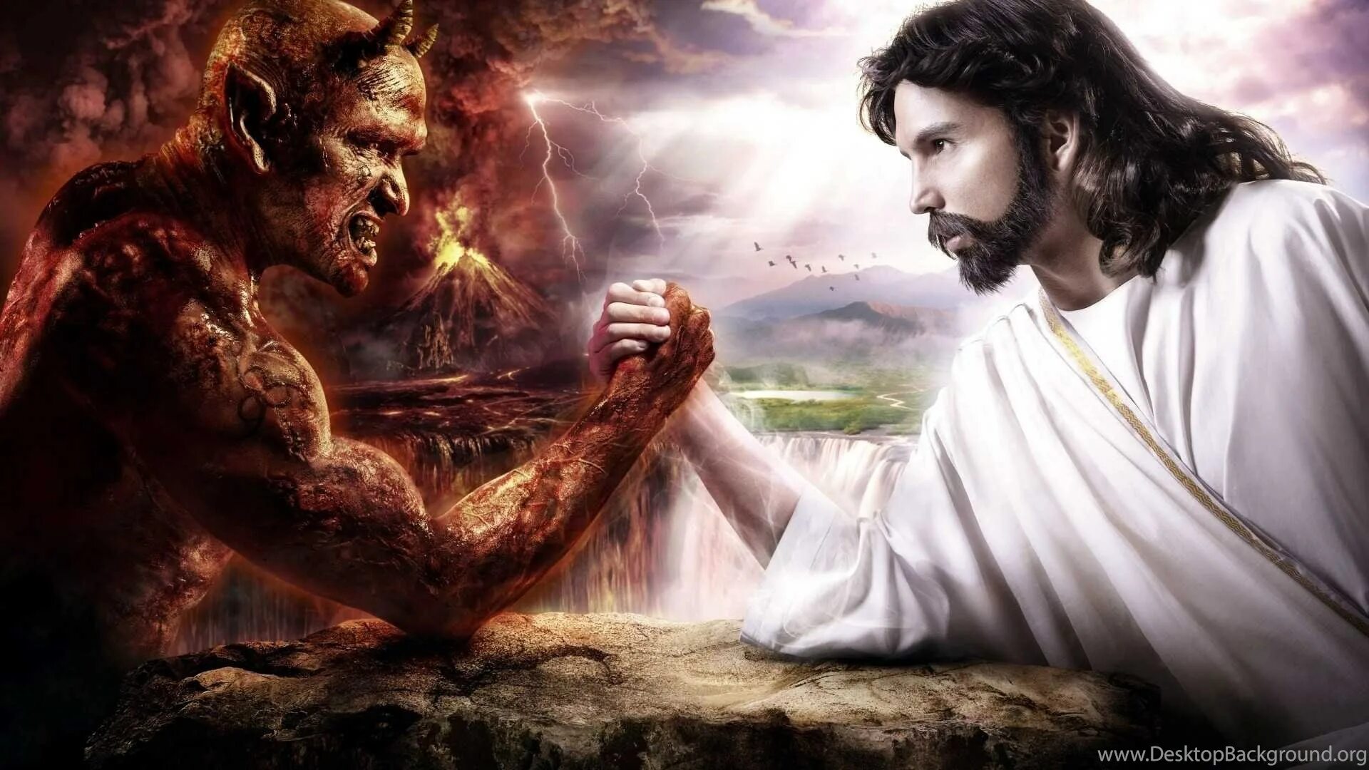 Сойти боже. Иисус Христос против Бога. Христос против дьявола. Господь и сатана. Бог дьявол Библия.