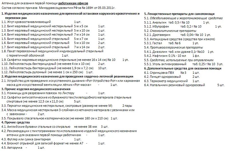 Аптечка для оказания первой помощи список