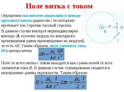 Формула магнитного поля контура с током