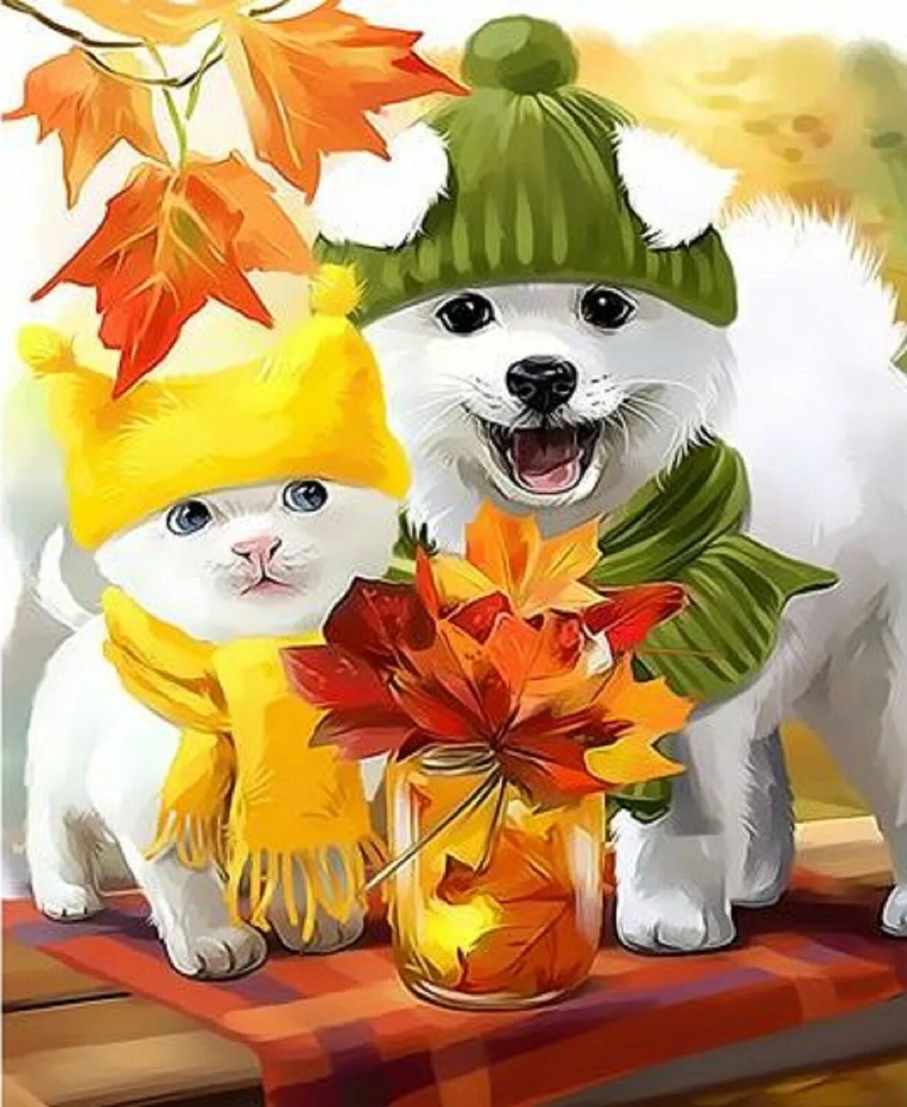 Цифровой художник Лорри Kajenna Кайенна. Собака и кошка осенью. Котики собачки осень. Осенний день.дети с собаками. Открытка доброе утро с собакой