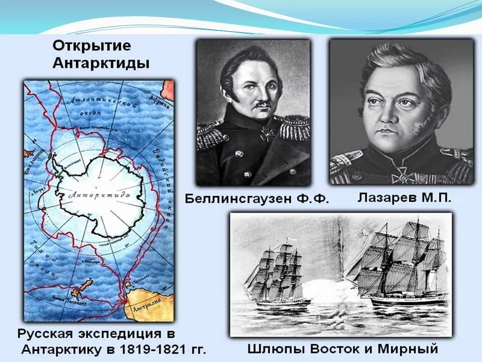 Материк антарктида был открыт экспедицией. Беллинсгаузен и Лазарев 1820. Экспедиция Фаддея Беллинсгаузена и Михаила Лазарева.