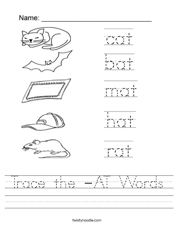 Trace the words. Tracing words. at words. cat tracing worksheets.