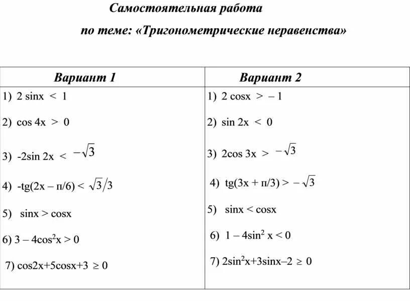 Тригонометрический тест 10 класс. Тригонометрические неравенства 10 класс самостоятельная работа. Самостоятельная работа решение тригонометрических неравенств. Решение неравенств тригонометрия. Решение тригонометрических уравнений и неравенств.