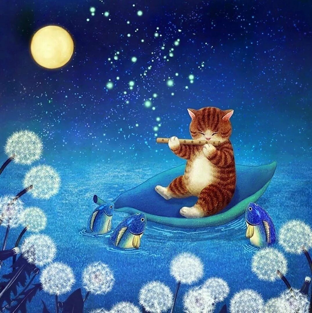 Картинки спокойной ночи с кошкой. Доброй ночи котик. Спокойной ночи кот. Спокойной ночи котики. Сказочный сон.