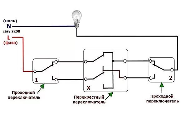 Схема включения проходных выключателей с 3 мест. Схема проходных выключателей на три точки. Проходной переключатель на три точки схема. Подключение трех выключателей с трех точек схема подключения. Как подключить перекрестный выключатель