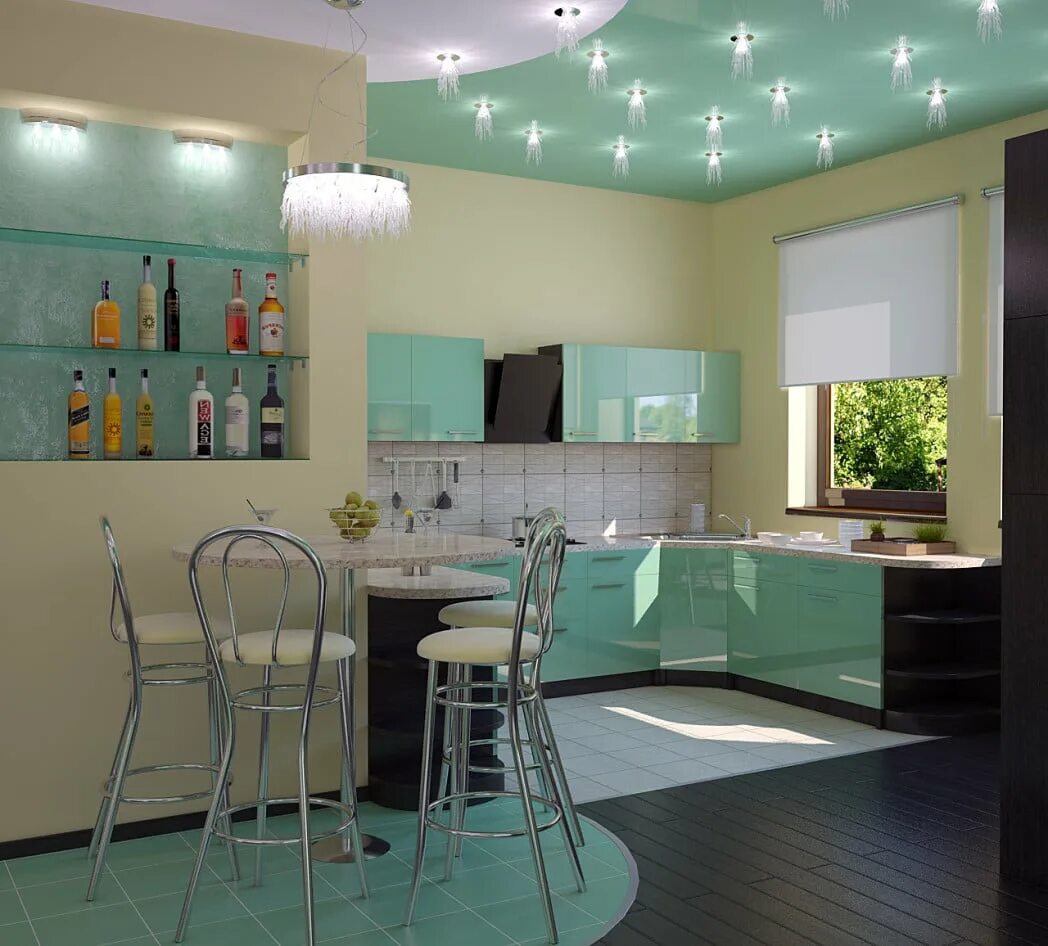 Какой лучше натяжной на кухне. Кухня минт Нео кухни. Кухня ментолового цвета. Кухня мятного цвета. Кухня в потолок.