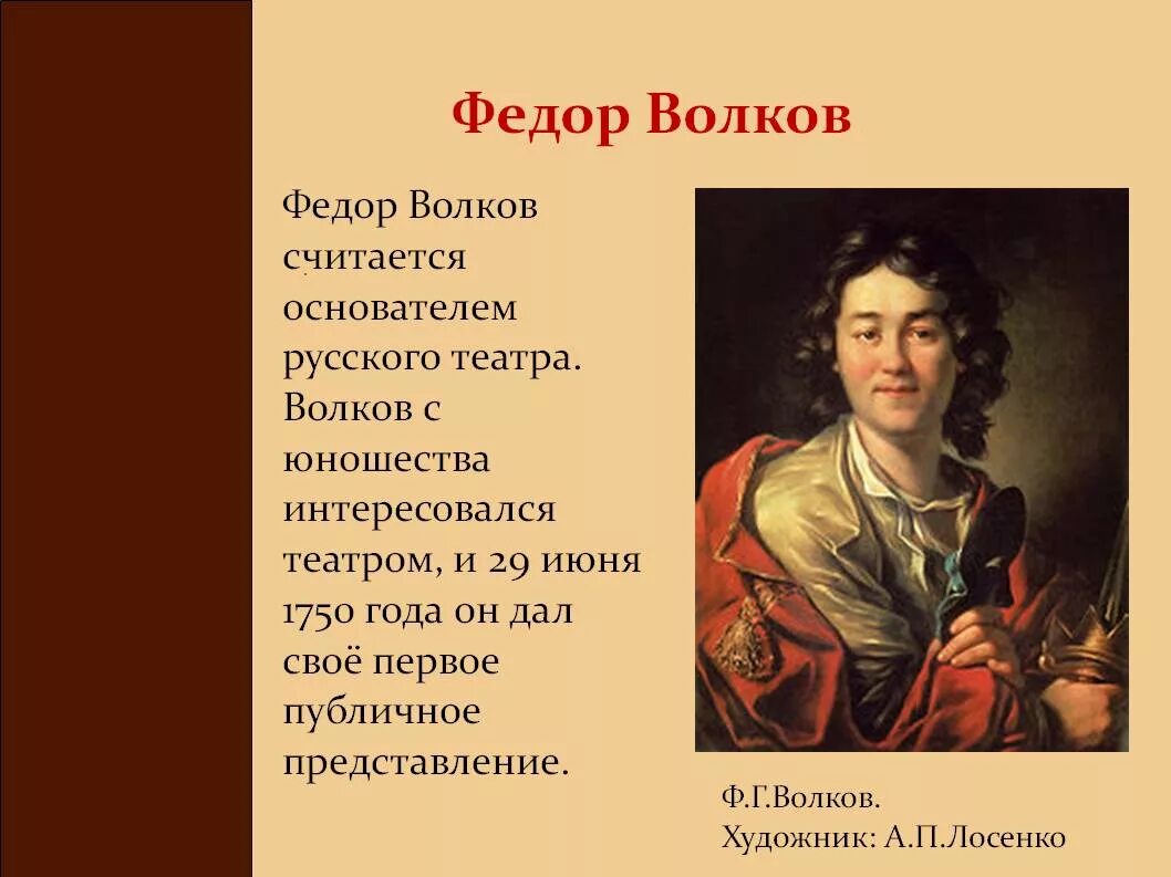 Основателем русского театра считается. Фёдор Григорьевич Волков. Фёдор Григорьевич Волков основатель первого русского театра. Фёдор Григорьевич Волков первый театр.