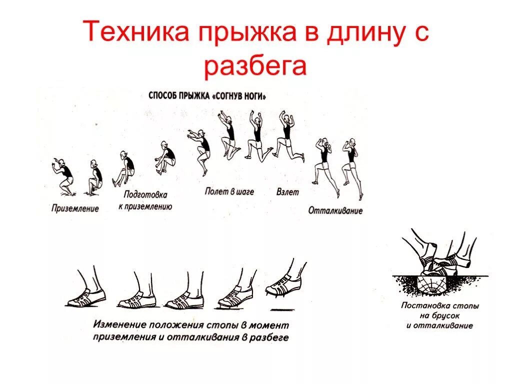 Методика обучения технике прыжка. Техника прыжка с разбега. Техника прыжка в длину с разбега согнув ноги фазы. Техника прыжки в длину с разбега способом согнув ноги по физкультуре. Техники выполнения прыжка в длину с разбега.