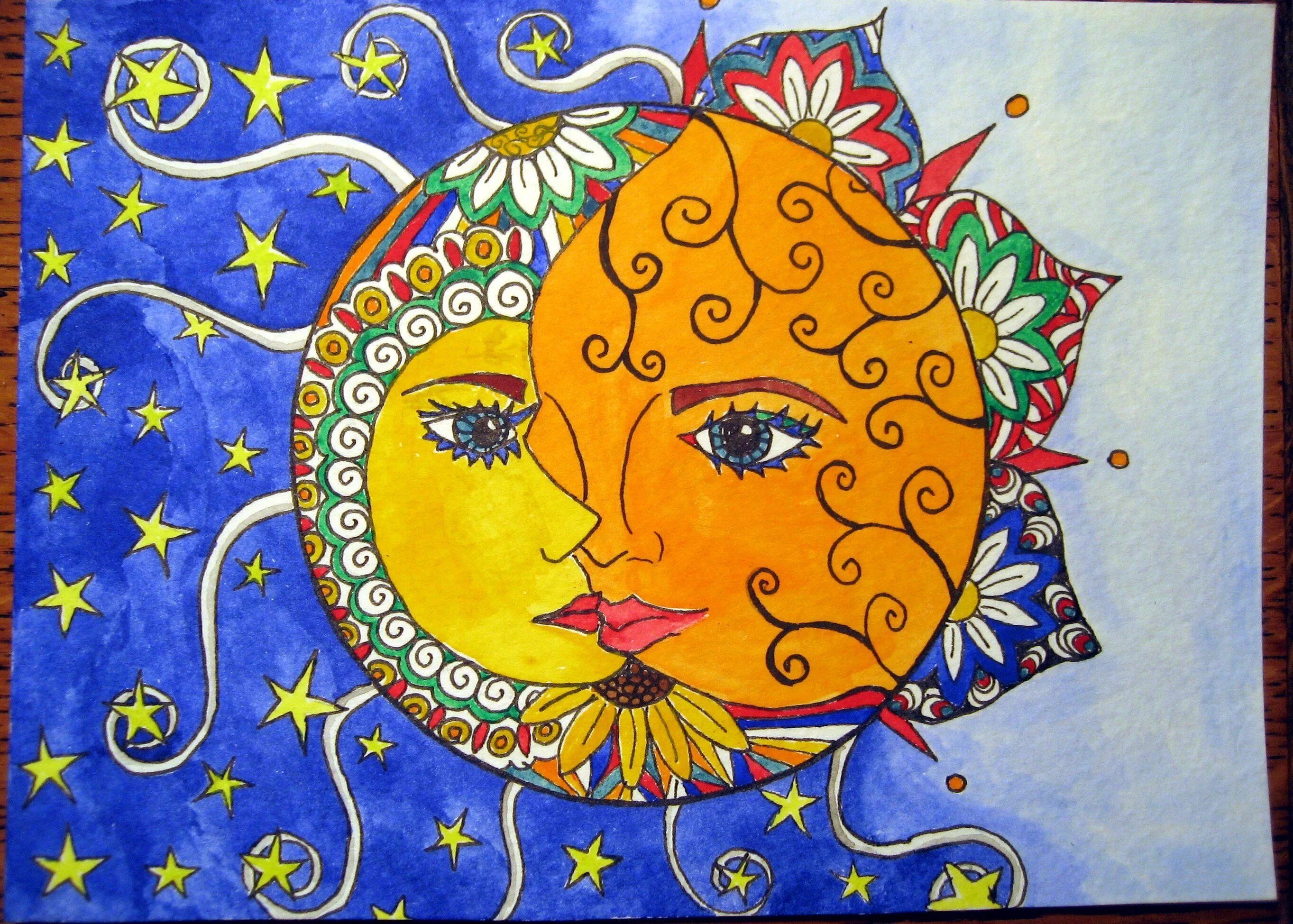Солнце и Луна. Декоративный рисунок. Картина солнце и Луна. Сказочное изображение солнца. Карта солнца и луны