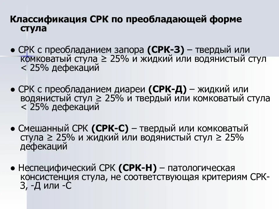 Синдром раздраженного кишечника (СРК). СРК классификация. СРК без диареи. Синдром раздраженного кишечника классификация.