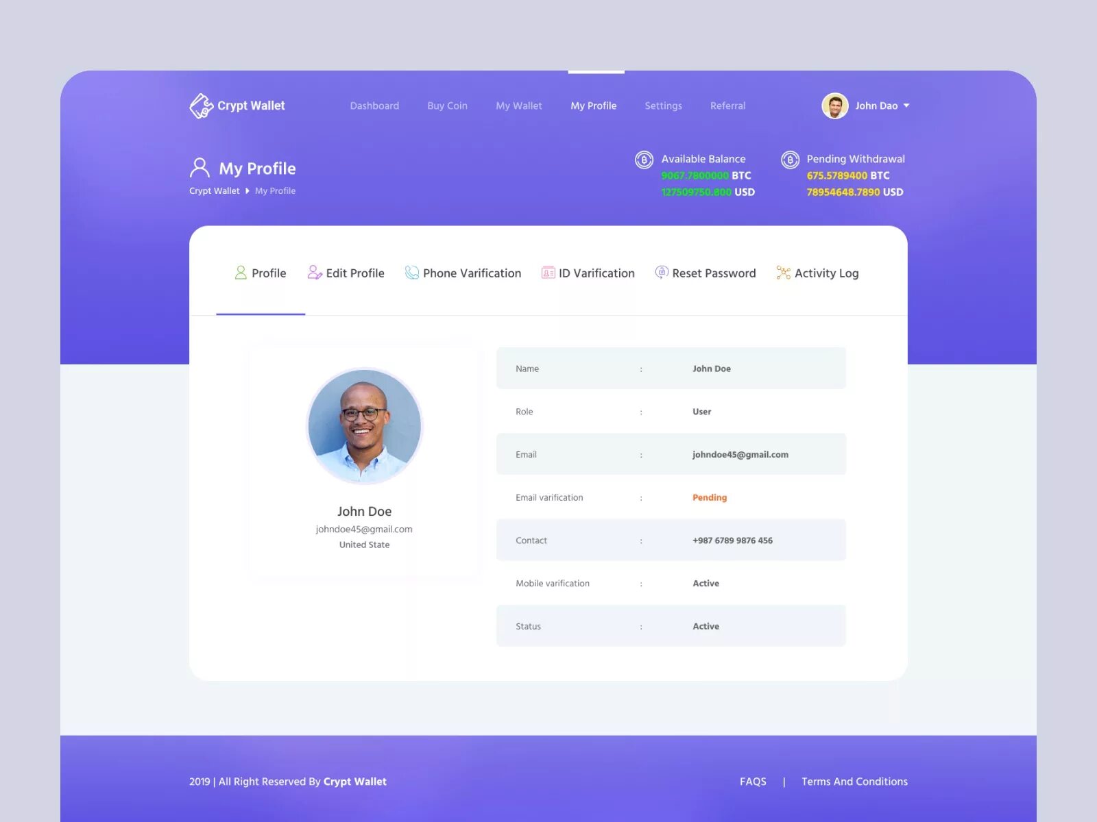 Profile page. Web profile design. crypto wallet баланс. profile page design.