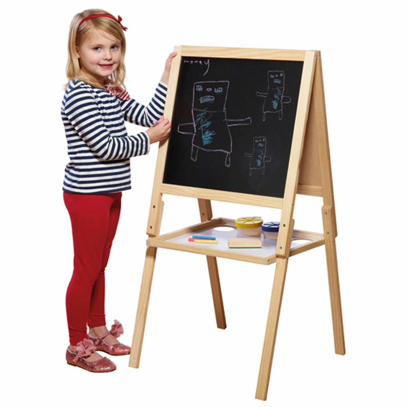 Drawing board. Children&#039;s drawing board. kid is near an easel. person listening next to easel.
