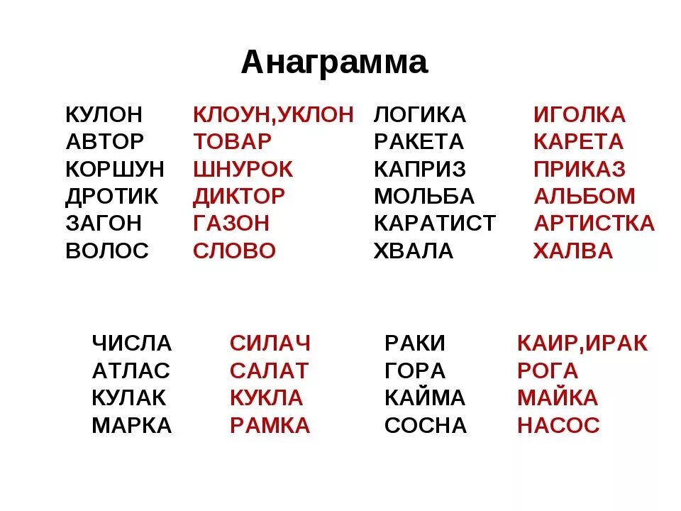 Новинка составить слова. Слова анаграммы. Анаграммы с ответами сложные. Анаграмма примеры. Анаграммы для детей.