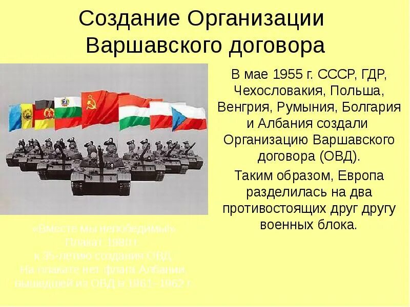 ОВД – организация Варшавского договора -1955 г. Цели организации Варшавского договора 1955. 14 Мая 1955 года — создана организация Варшавского договора.. Создание организации Варшавского договора (ОВД).