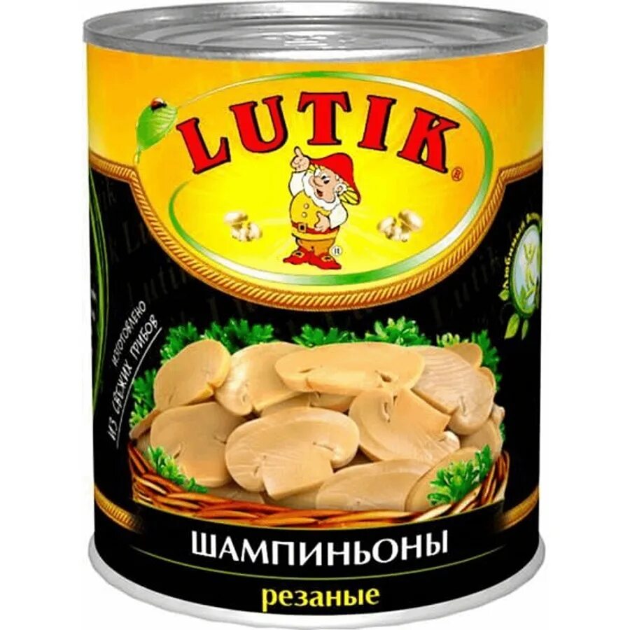 Шампиньоны резаные консервированные lutik. Грибы шампиньоны lutik. Грибы Лютик шампиньоны резаные. Грибы шампиньоны lutik этикетка.