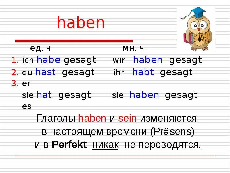 Perfekt немецкий правило. Ich habe прошедшее время. Hat в прошедшем времени. Предложения с ich habe. Habe hat haben