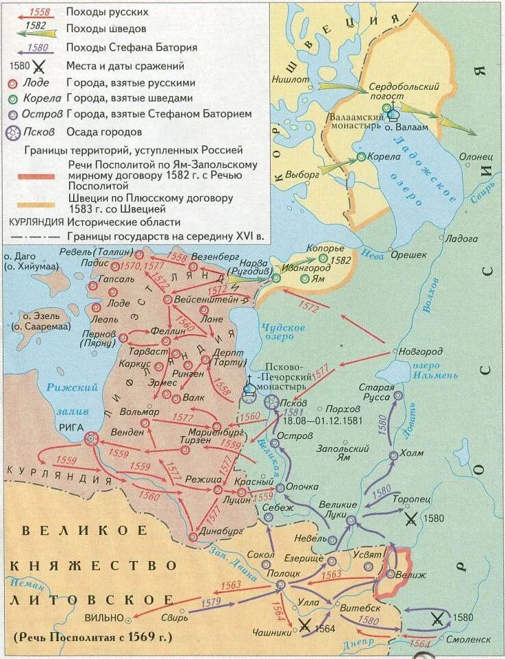 Заключение ям запольского договора с речью посполитой. Карта Ливонской войны 1558-1583.