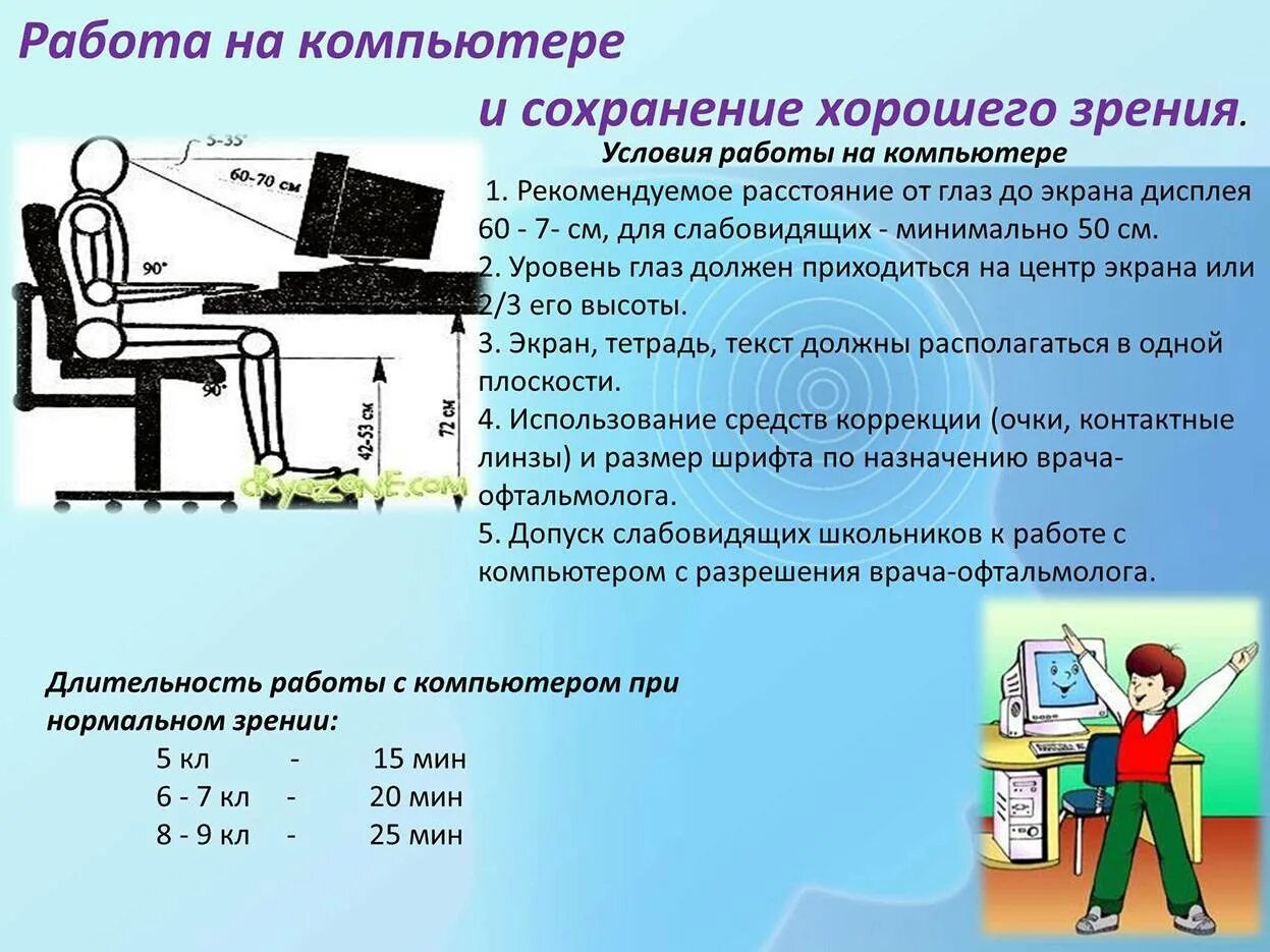 Профилактика работы за компьютером. Работа на компьютере и сохранение хорошего зрения. Профилактика нарушения зрения при работе за компьютером. Правила работы за компьютером для зрения.