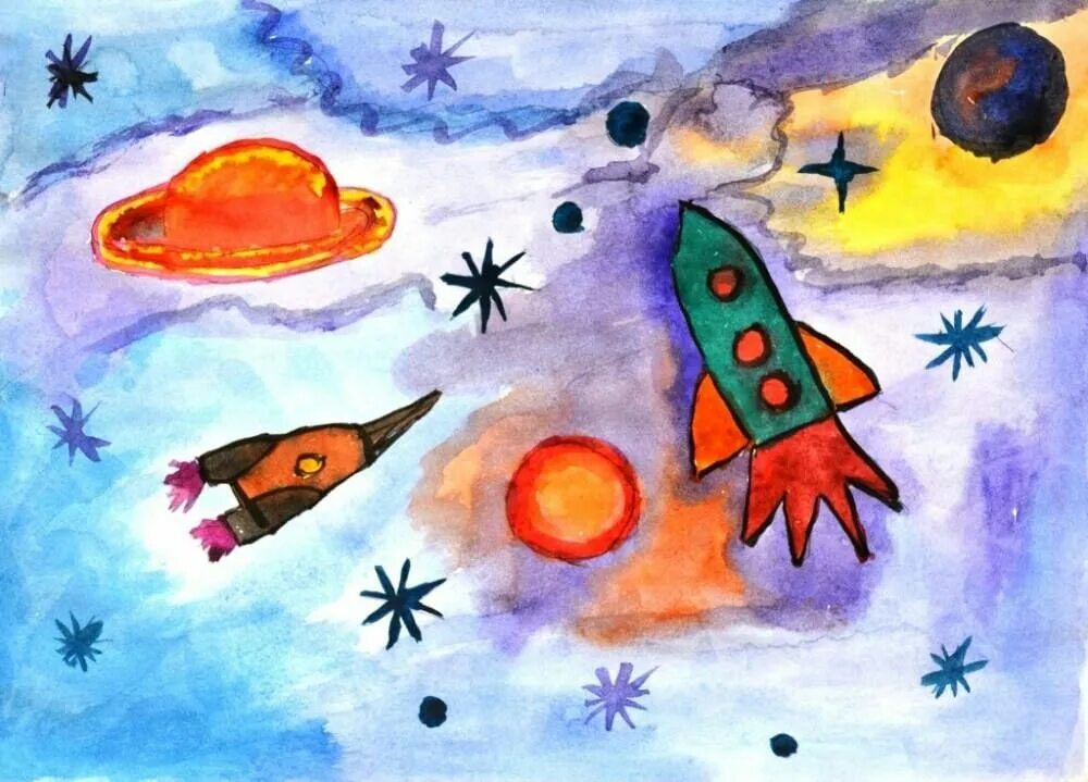 Рисунок ко дню космонавтики 2 класс. Рисование космос. рисование для детей космос. рисунок на тему космос. детский рисунок космос.