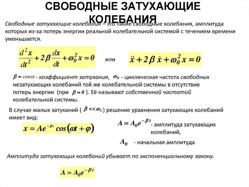 Уравнение колебаний х 0 0. Частота собственных затухающих колебаний механической системы. Уравнение свободных затухающих колебаний. Дифференциальное уравнение свободных незатухающих колебаний. Дифференциальное уравнение затухающих колебаний.