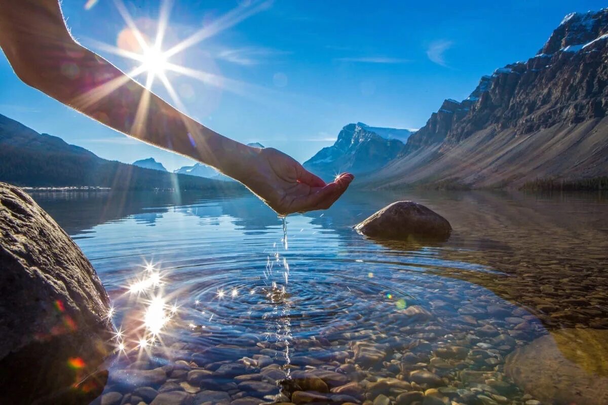 В горах станут воды. Чистая вода. Источник воды. Пьет воду из ручья. Солнце и вода.