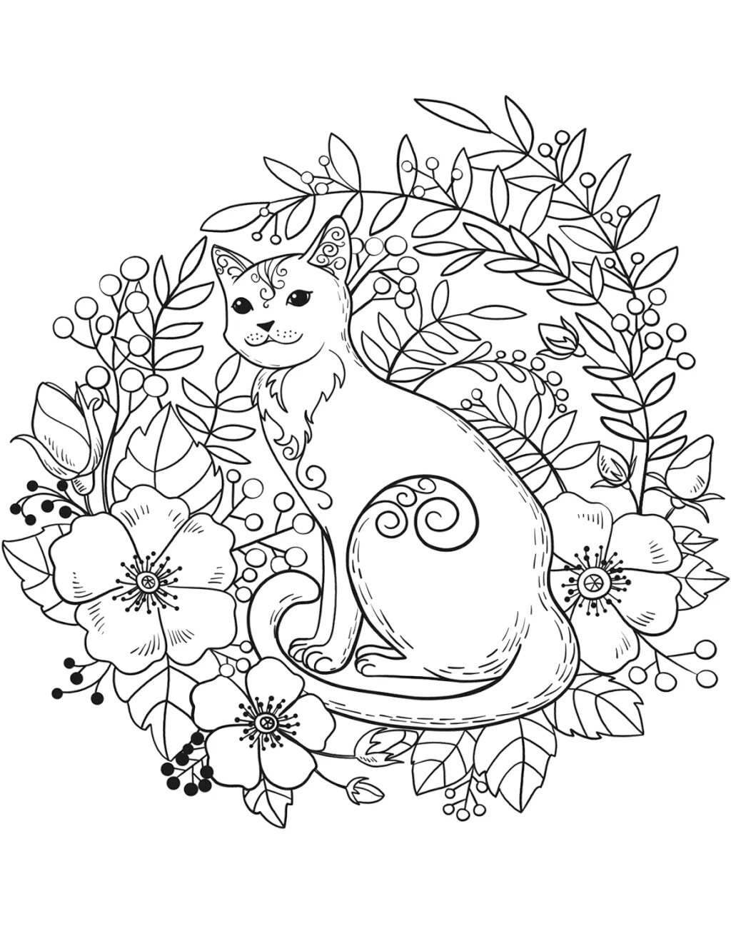 Красивая раскраска котиков. Кошки. раскраска. красивые раскраски животных. раскраска красивая кошечка. раскраска котенок с цветами.