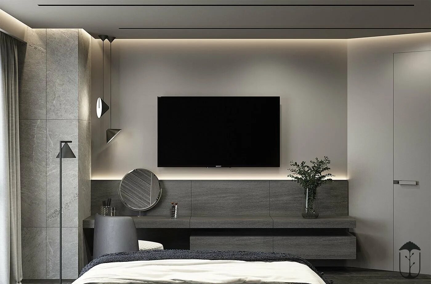 Телевизор перед кроватью. Телевизор в спальне на стене. Интерьер спальни с телевизором. Телевизор в интерьере Минимализм. Интерьер спальни с телевизором на стене.