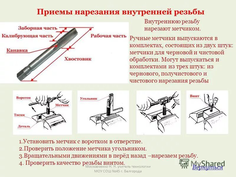 Нарезание внутренней резьбы метчиком. Приемы нарезки резьбы метчиком. Инструкционная карта нарезание наружной резьбы. Последовательность нарезки внутренней резьбы. Технология нарезания наружной и внутренней резьбы.