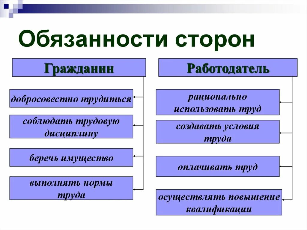 Обязательства в трудовом праве. Трудовое право обязанности сторон. Обязанности сторон трудового договора.